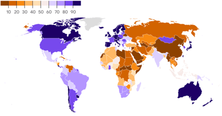 Los países más libres (puntajes cercanos a 100) y menos libres (cercanos a 0, en tonos rojizos) según Freedom House
