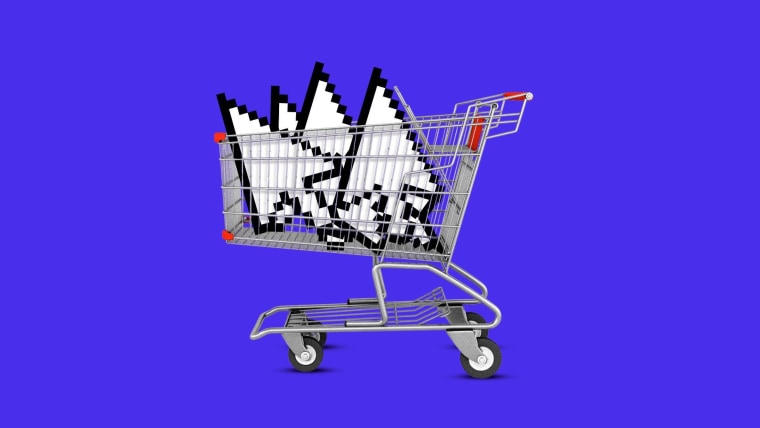 Ilustración de un carrito de supermercado que contiene cuatro flechas pixeladas en representación del comercio en línea