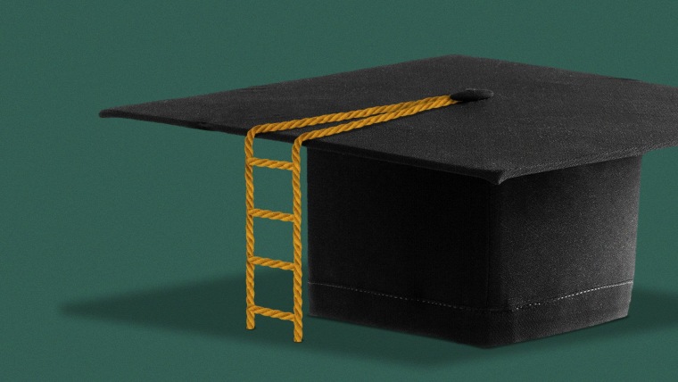Ilustración de un birrete de graduación escolar en el que la borla (la cuerda que se mueve de un lado al otro al recibir el diploma) está dibujada como si fuera una escalera.