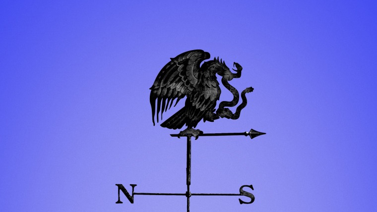Fondo morado. Sobre ella una ilustración de un indicador metálico de los puntos cardenales sobre el cual está el icono nacional mexicano de un águila devorando a una serpiente. En representación del camino hacia México desde Estados Unidos.