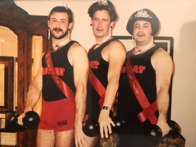 Gil (in the middle) with his friends John Marcus and Marc Berkley, dressed as "gym queens" for Halloween in the early '80s.
