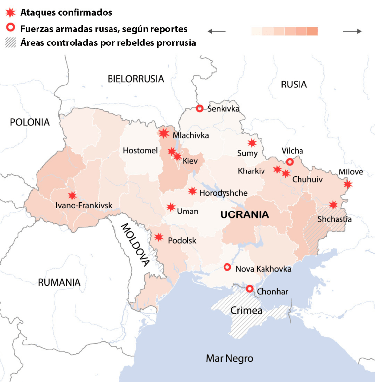 La invasión de Ucrania: lugares donde Rusia ha atacado en el primero día. Datos a las 12:45 h. hora del este, 24 de febrero.