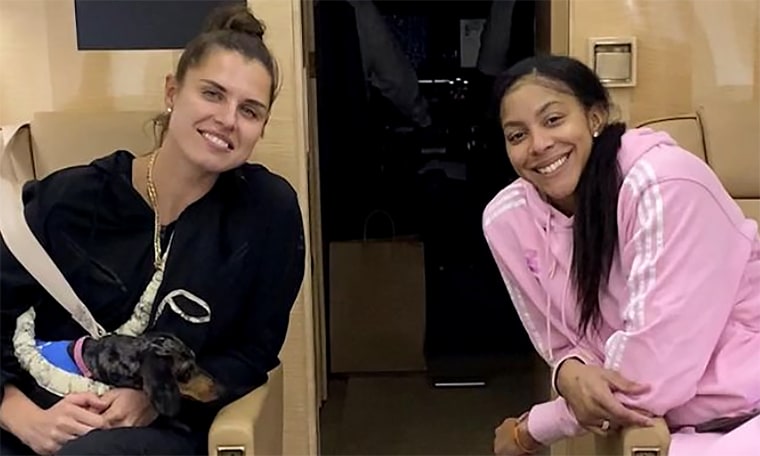 WNBA star Candace Parker, right, and wife Anna Petrakova have welcomed a son together.