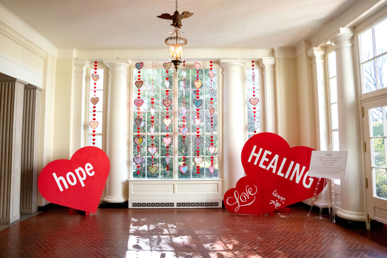The East Wing landing is decorated for Valentine's Day on Feb. 11, 2022, at the White House.