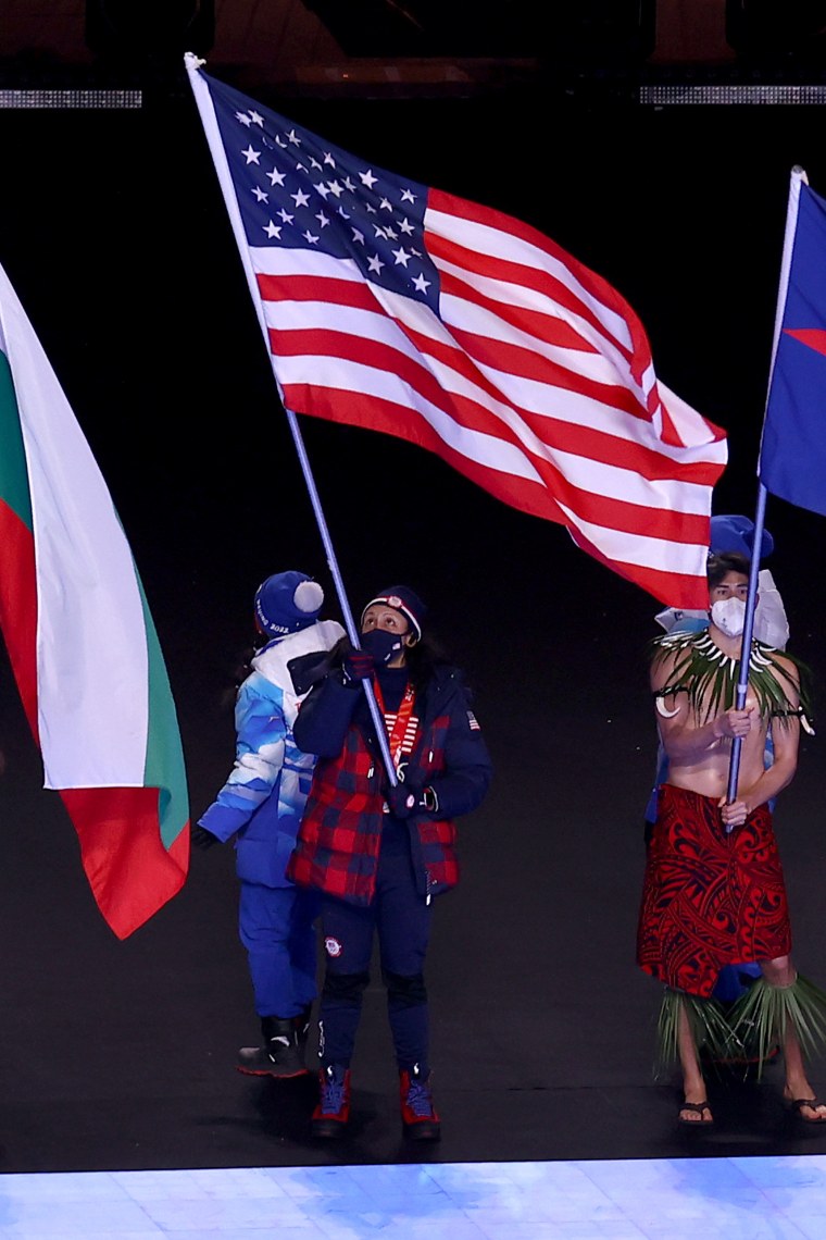 Flagbearer Elana Meyers Taylor of Team United States during the Beijing 2022 Winter Olympics Closing Ceremony on Day 16 of the Beijing 2022 Winter Olympics at Beijing National Stadium on February 20, 2022 in Beijing, China.