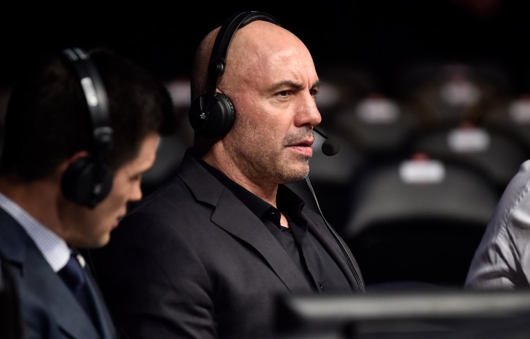 Joe Rogan is seen in the commentary booth during the UFC 220 event at TD Garden on January 20, 2018 in Boston, Massachusetts.