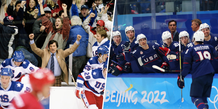 The men's hockey team (right) hopes to replicate the success of the 1980 gold medal squad, whose story was featured in the 2004 movie "Miracle" (left).