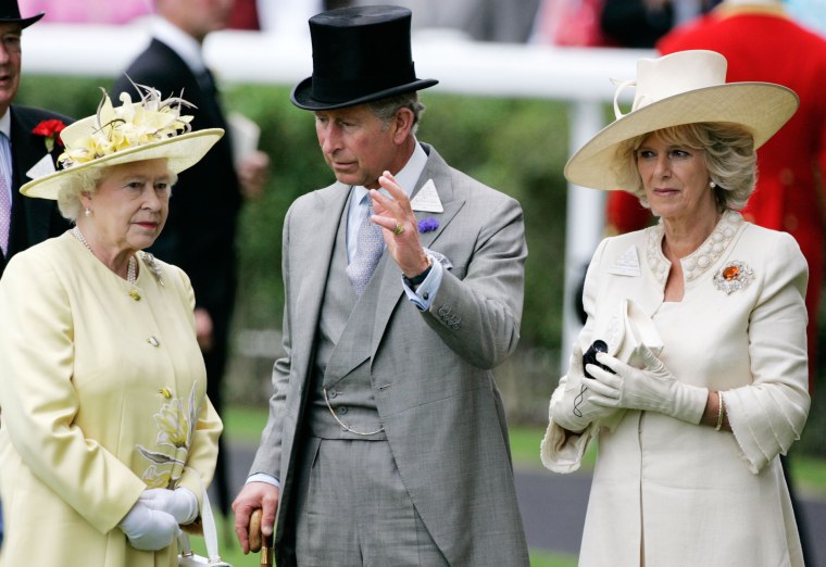 Queen Elizabeth II, Camilla, Duchess of Cornwall and Prince Charles, Prince of Wales chat together on the second day of Royal Ascot Races on June 20, 2007 in Ascot, England.