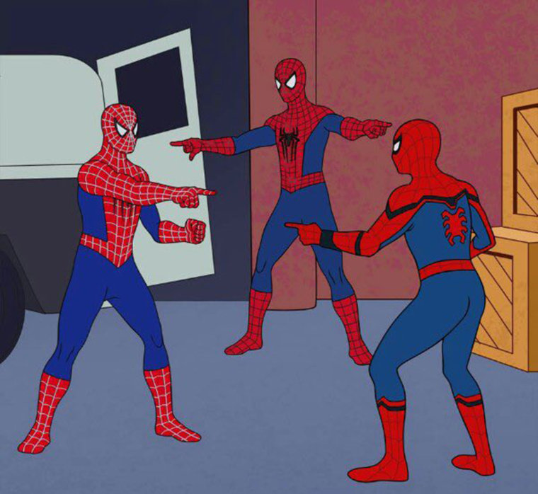 A 1960's-era still from a "Spider-Man" animated cartoon shows three characters pointing at each other.
