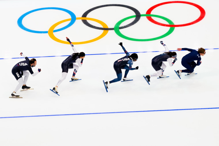 Team USA members in action during a practice session at the National Speed Skating Oval ahead of the 2022 Olympic Winter Games on January 30, 2022 in Beijing, China. on January 30, 2022 in Beijing, China.