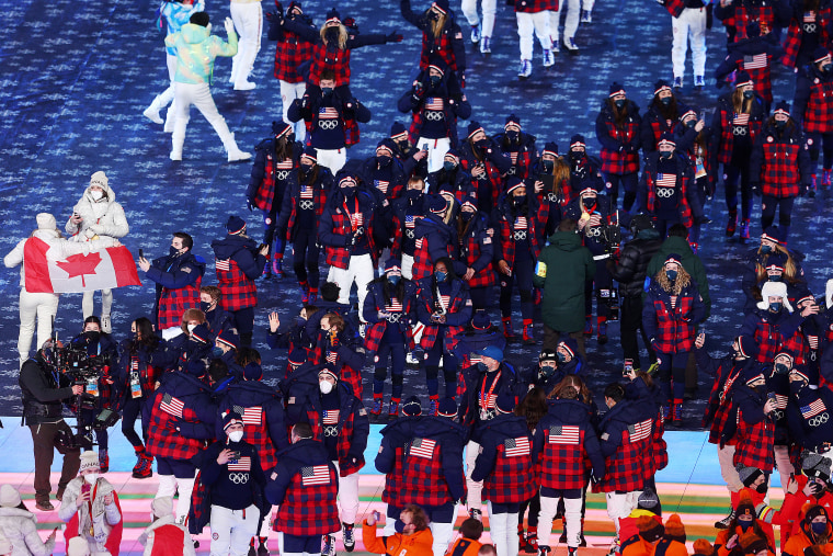 Members of Team United States during the Athletes parade during the Beijing 2022 Winter Olympics Closing Ceremony on Day 16 of the Beijing 2022 Winter Olympics at Beijing National Stadium on February 20, 2022 in Beijing, China.