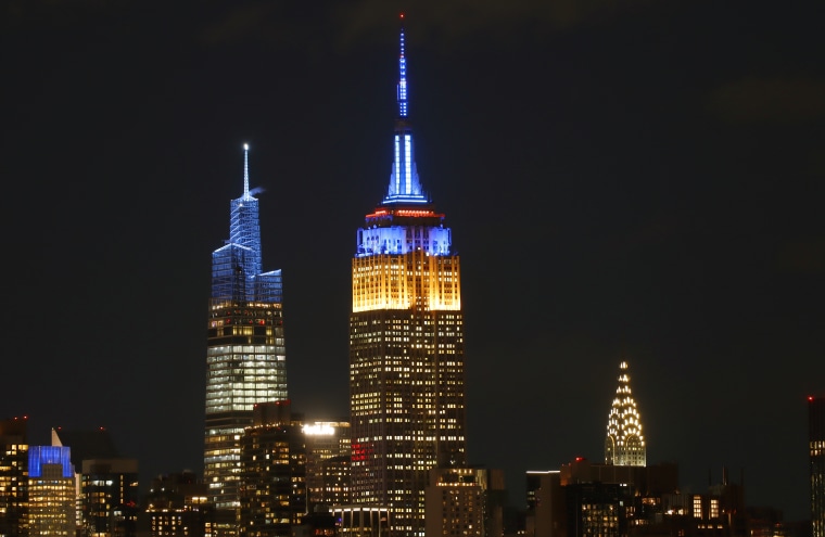 Empire State Building Lit in the Colors of the Flag of Ukraine in New York City