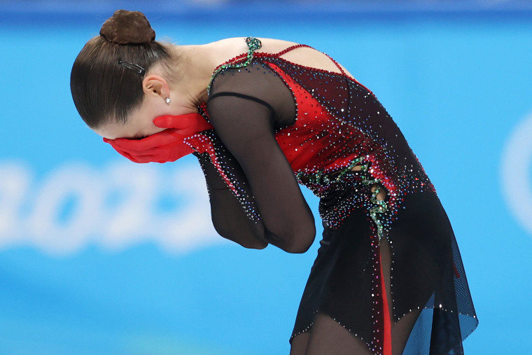 Kamila Valieva of Team ROC reacts after skating during the Women Single Skating Free Skating on day thirteen of the Beijing 2022 Winter Olympic Games at Capital Indoor Stadium on February 17, 2022 in Beijing, China.