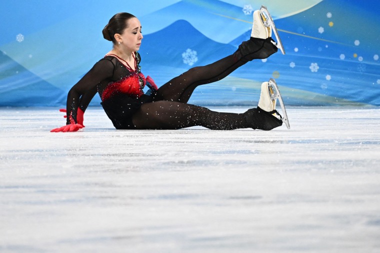 Russia's Kamila Valieva falls as she competes in the women's single skating free skating of the figure skating event during the Beijing 2022 Winter Olympic Games at the Capital Indoor Stadium in Beijing on February 17, 2022.