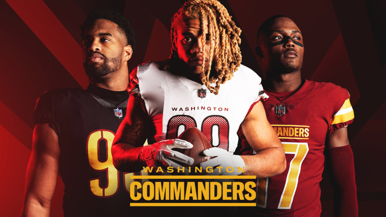 Washington Commanders defensive tackle Jonathan Allen, defensive end Chase Young and wide receiver Terry McLaurin in the team's new uniforms.