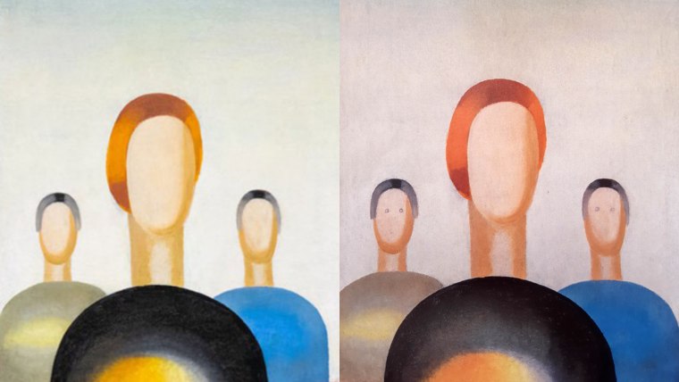 La obra "Tres Figuras", antes y después de que un guardia de seguridad pintara ojos a las figuras sin rostro.