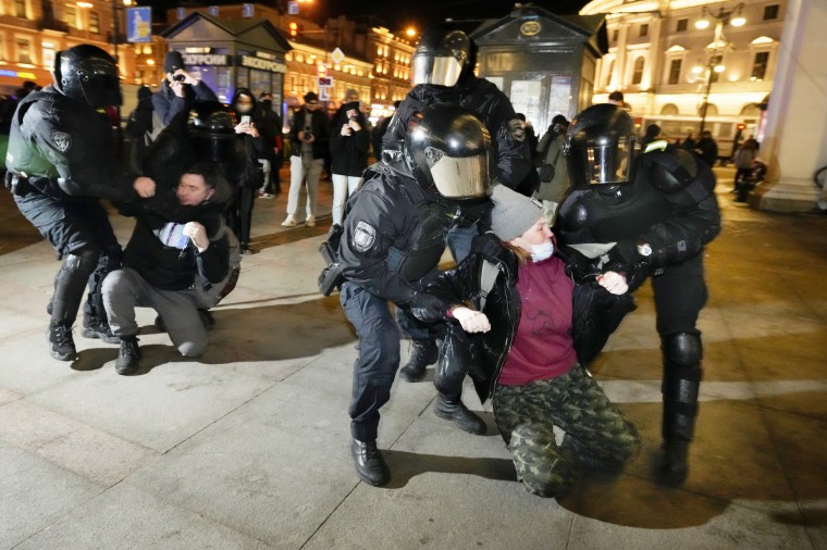 Demonstrations, like this one Tuesday in St. Petersburg, have been met with force by Russian law enforcement agencies.
