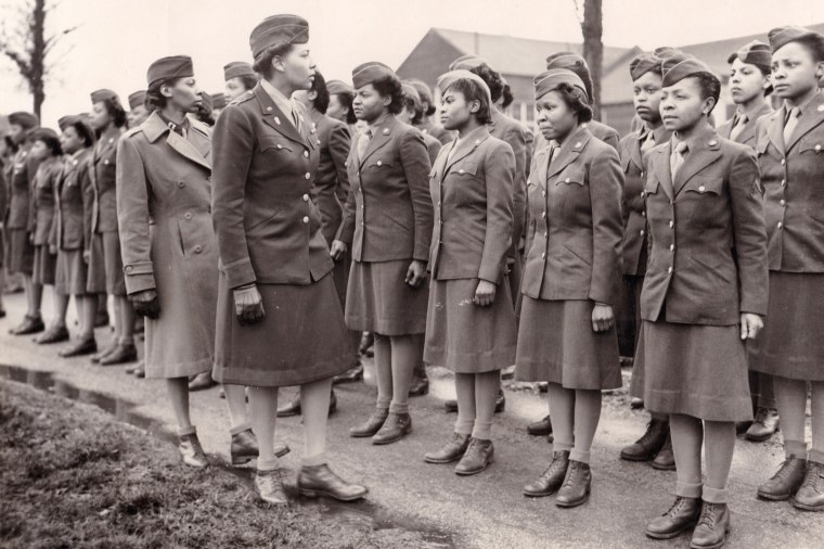 Members of the U.S. Army's 6888th battalion stand in formation in Birmingham, England, in 1945.