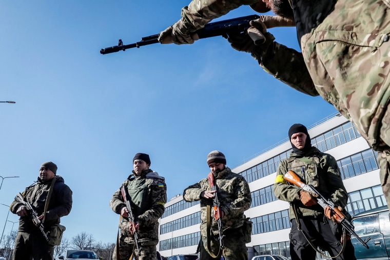 Members of the Ukrainian Territorial Defense Forces train with in Kyiv, Ukraine, on Feb. 28, 2022.