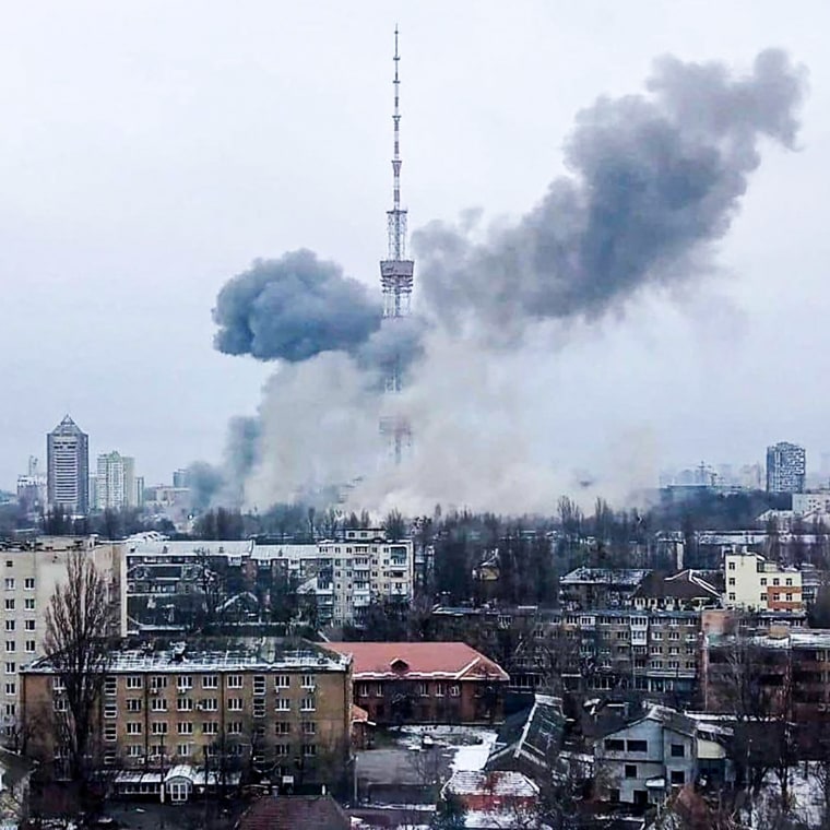 Smoke rises after a missile attack struck Kyiv's television center on March 1, 2022.