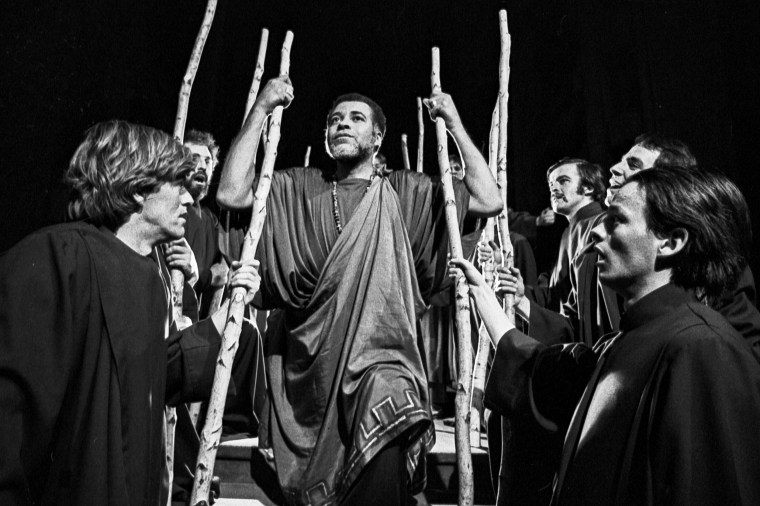 James Earl Jones performs as the titular character in 'Oedipus Rex' at the Cathedral of St. John the Divine in New York in 1977.