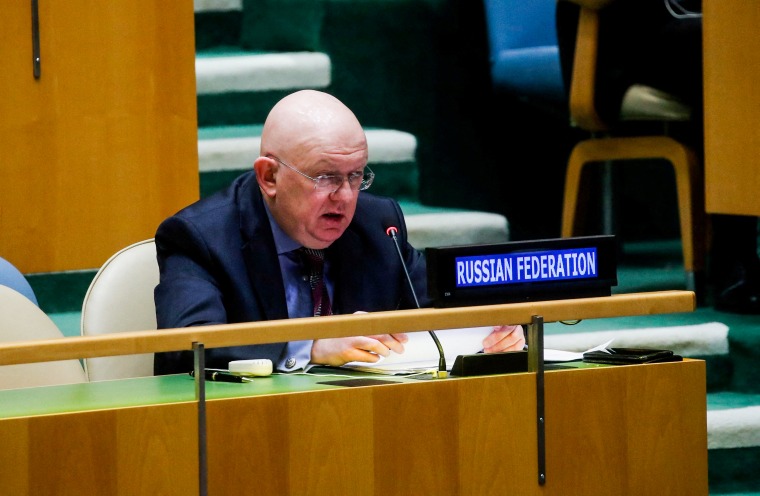 Russia's Ambassador to the United Nations Vasily Nebenzya speaks at the 11th emergency special session of the 193-member U.N. General Assembly on Russia's invasion of Ukraine at the United Nations Headquarters in New York on March 2, 2022.