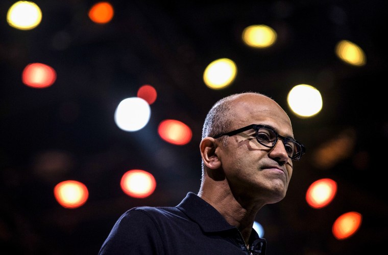 Microsoft CEO Satya Nadella delivers the keynote address at the Microsoft Ignite conference in Chicago on May 4, 2015.