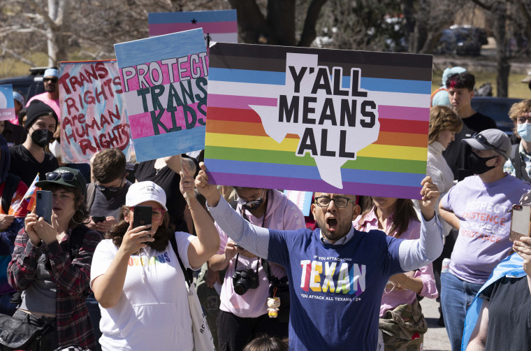 Texas transgender youth, their loved ones and families rally at the State Capitol in Austin decrying Governor Greg Abbott's directive to state health agencies to investigate gender-affirming care to transgender youth as child abuse. This comes after the state legislature restricted transgender schoolchildren in sports activities. Many licensed health care providers have pushed back on the governor's directive.