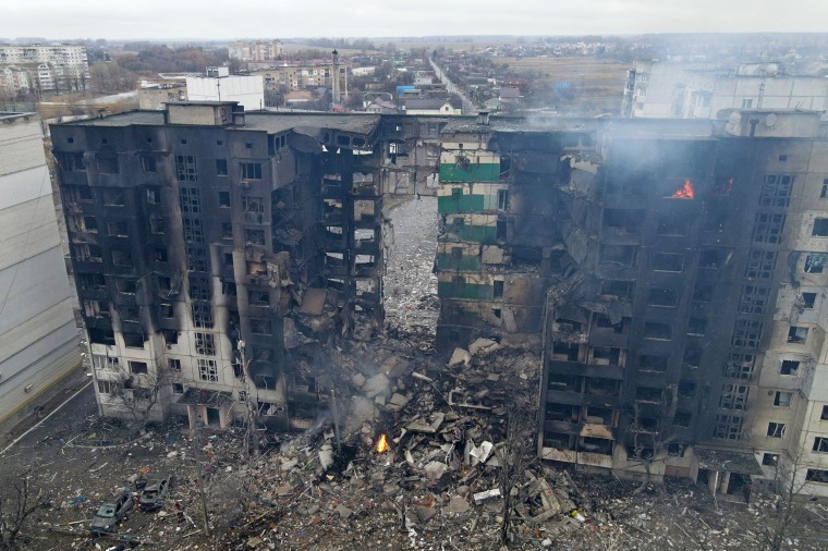 An aerial view shows a residential building destroyed by shelling in Borodyanka