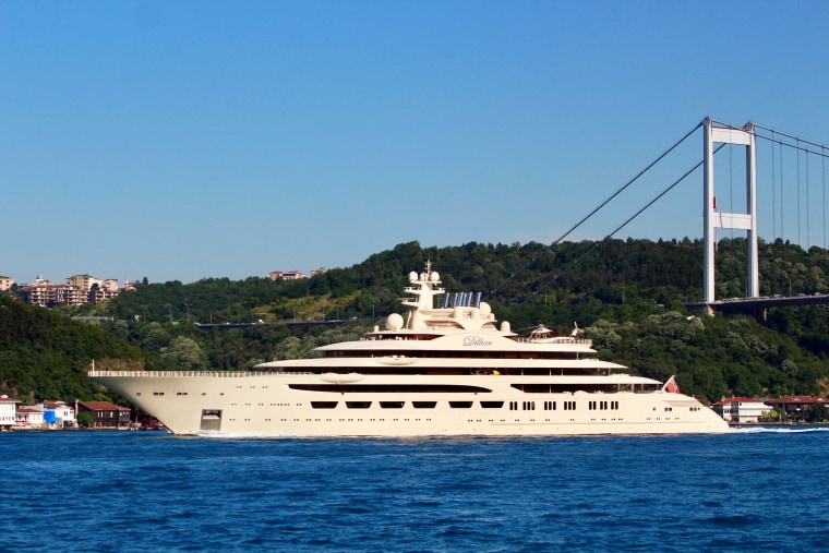 The Dilbar, a luxury yacht owned by Russian billionaire Alisher Usmanov, sails in the Bosphorus in Istanbul on May 29, 2019.