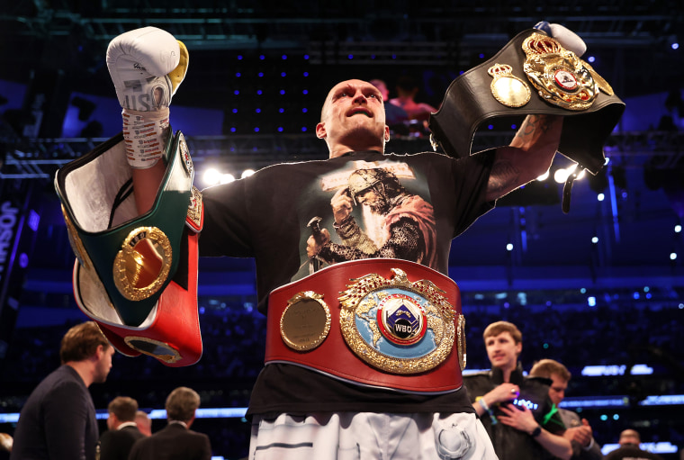 Image: Oleksandr Usyk celebrates after being crowned the new World Champion following the Heavyweight Title Fight on Sept. 25, 2021 in London.