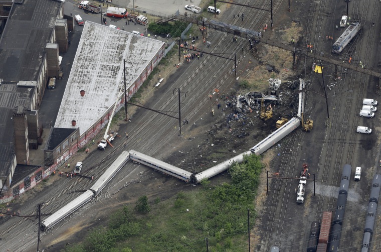 The scene of a derailment in Philadelphia of an Amtrak train