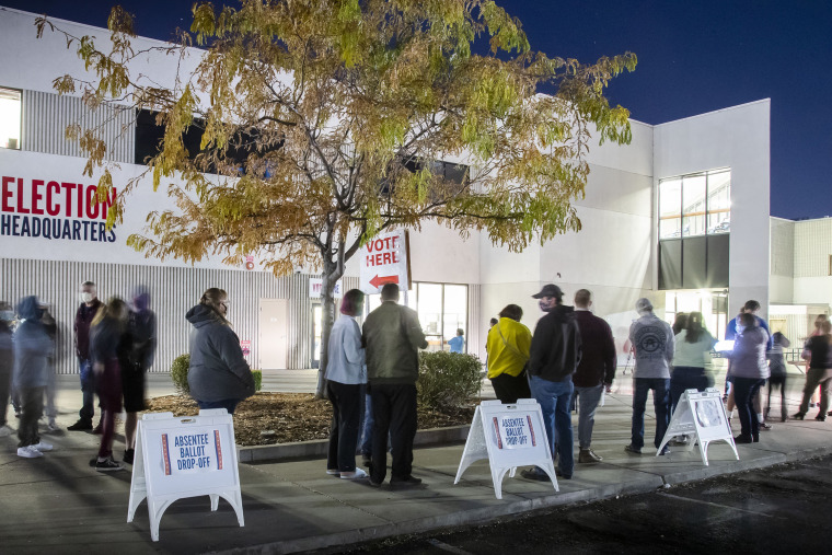 Image: Voters wait in a long line to vote in Boise, Idaho, on Nov. 3, 2020.