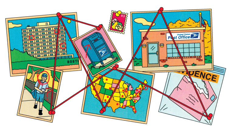 Illustration of evidence photos that show mailmen, mail boxes, a post office, a Boston University dorm, and mail stamps tacked with red string on a wall.