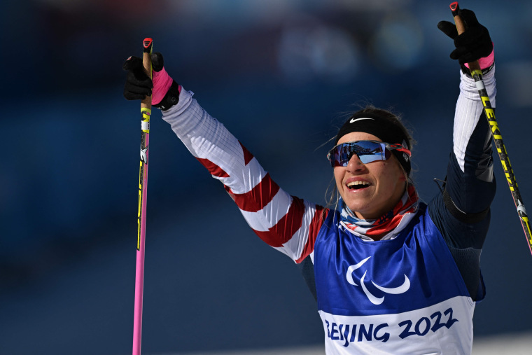 Team USA's Oksana Masters reacts after crossing the finish line in the women's sprint sitting biathlon event on March 5 during the 2022 Beijing Winter Paralympic Games.