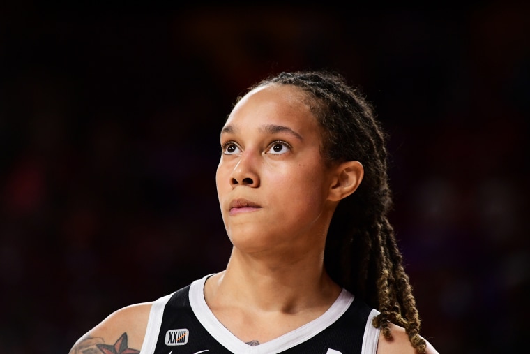 Brittney Griner of the Phoenix Mercury looks on during the game against the Las Vegas Aces on Oct. 3, 2021, in Tempe, Ariz.