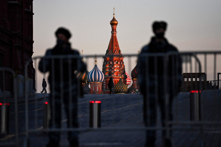 Police officers block access to Red Square in central Moscow on March 2, 2022.