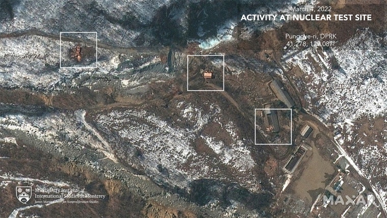 This satellite image shows North Korea's dismantled nuclear testing facility on March 4, 2022, with signs of new work on the site.