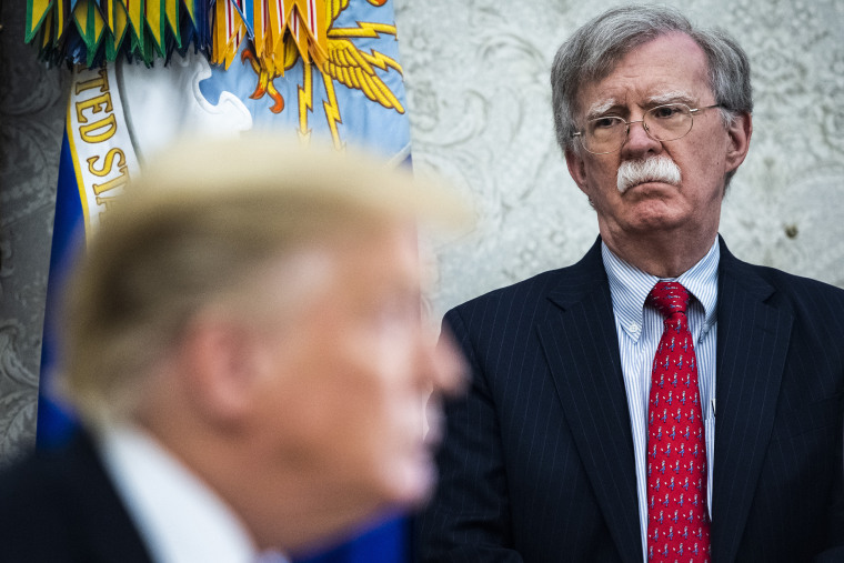 John R. Bolton listens as former President Donald J. Trump meets with Prime Minister of Hungary, Viktor Orbán, in the Oval Office of the White House on May 13, 2019.