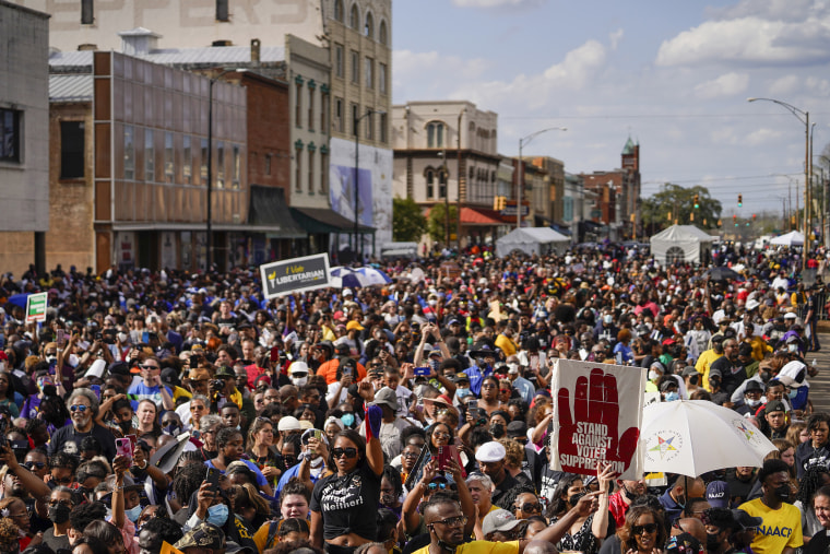 A large crowd gathers to march with Vice President Kamala Harris near the Edmund Pettus Bridge in Selma, Ala. on Sunday, March 6.