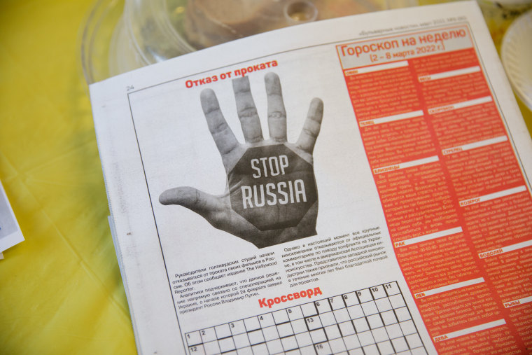 A New York-based Russian language newspaper has an image reading "Stop Russia" at the Kings Bay Y in the Sheepshead Bay neighborhood of Brooklyn.