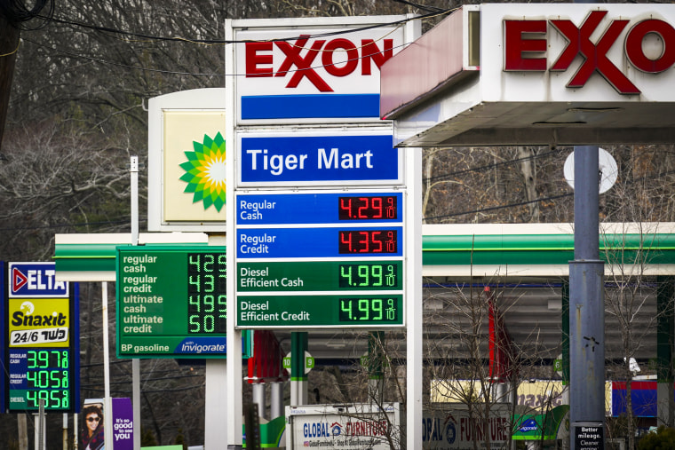 Image: Gas prices are displayed at gas stations in Englewood, N.J., on March 7, 2022.
