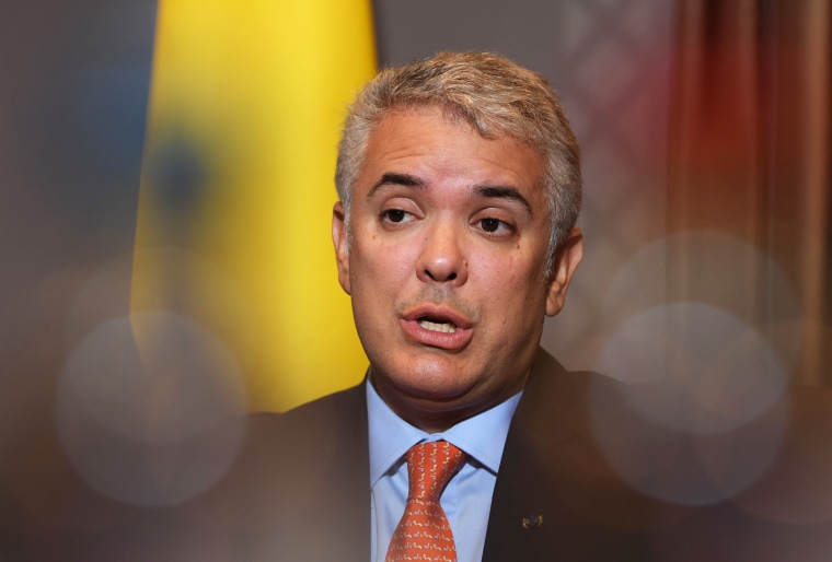 Colombian President Ivan Duque Marquez speaks in Brussels on Feb. 14, 2022.
