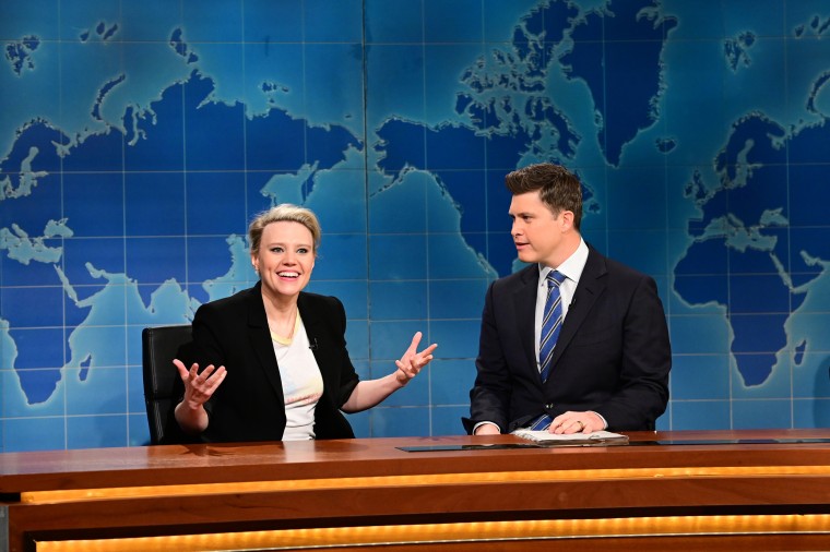 Saturday Night Live - Season Kate McKinnon and anchor Colin Jost during Weekend Update on March 5, 2022.