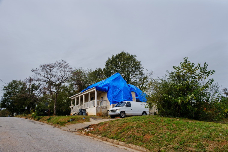 A damaged home in the Chalk Level neighborhood in Newnan, Ga.