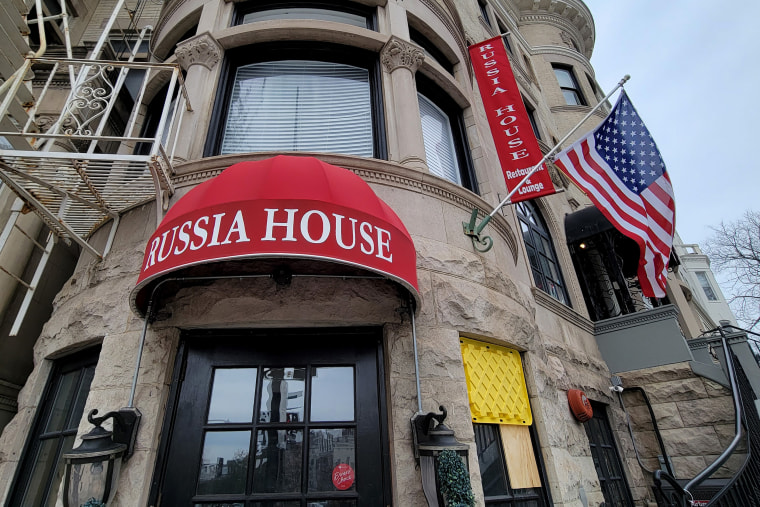 A window of the Russia House in Washington was boarded up last week after it was vandalized.