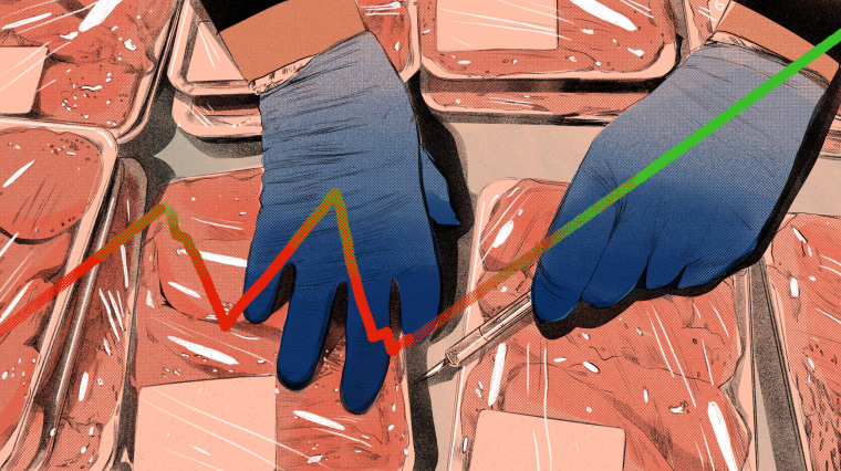 Illustration of a worker sealing packages of raw poultry and a line graph going from red to green.