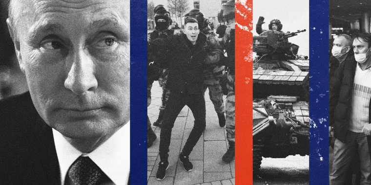 Photo Illustration of Russian President Vladimir Putin, Russian police arresting a war demonstrator, Russian soldiers in tanks in the Ukraine, and travelers at Moscow's Domodedovo airport.