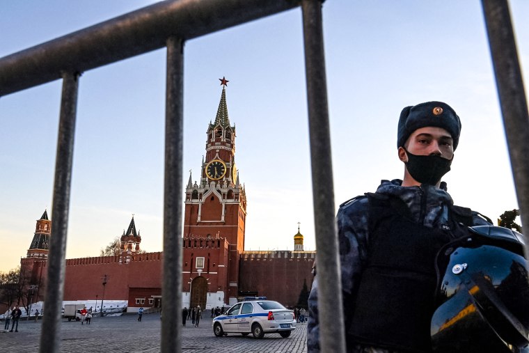 Image: A Russian serviceman guards the Red Square in front of the Kremlin in central Moscow on March 2, 2022.