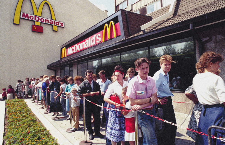 Russians wait in line outside a McDonald's in Moscow in 1991.